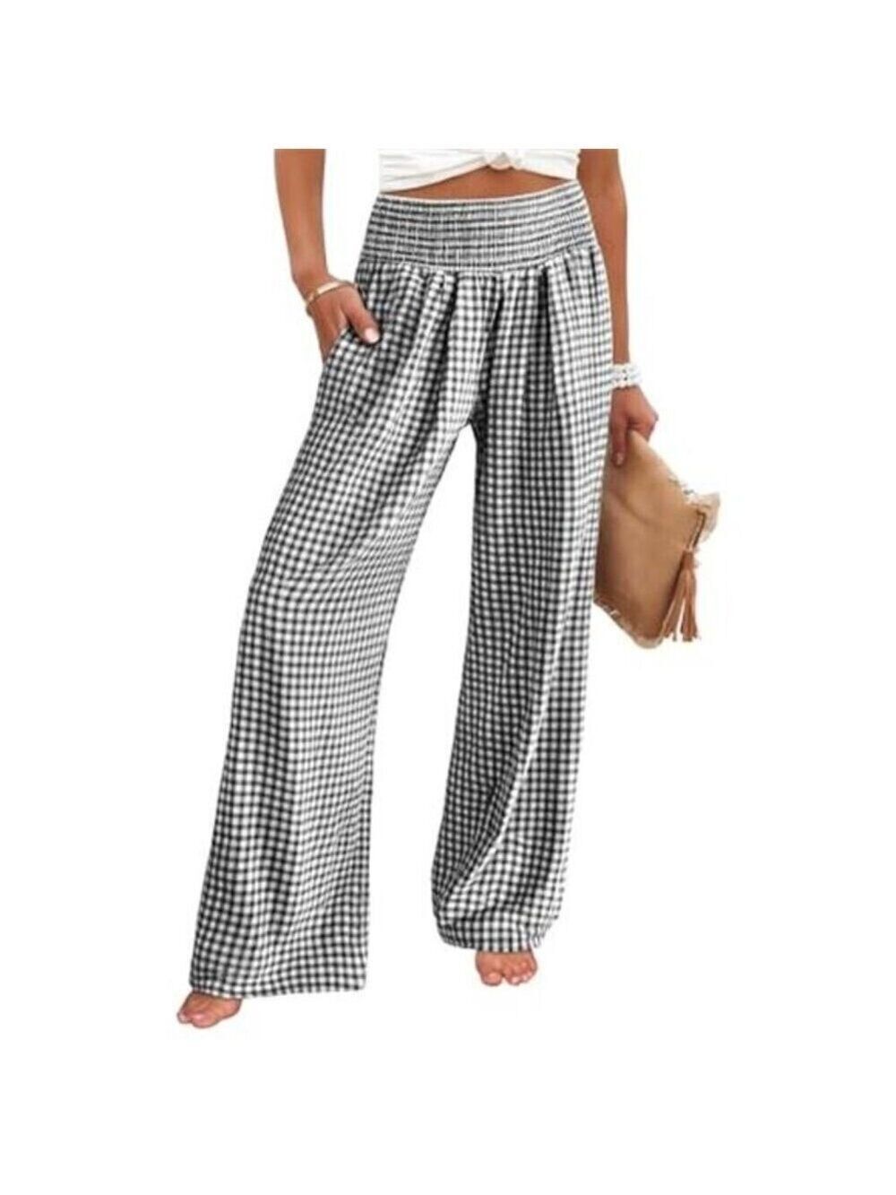 Black Striped Gingham Palazzo Pants High Waisted Wide Leg Lounge Pants